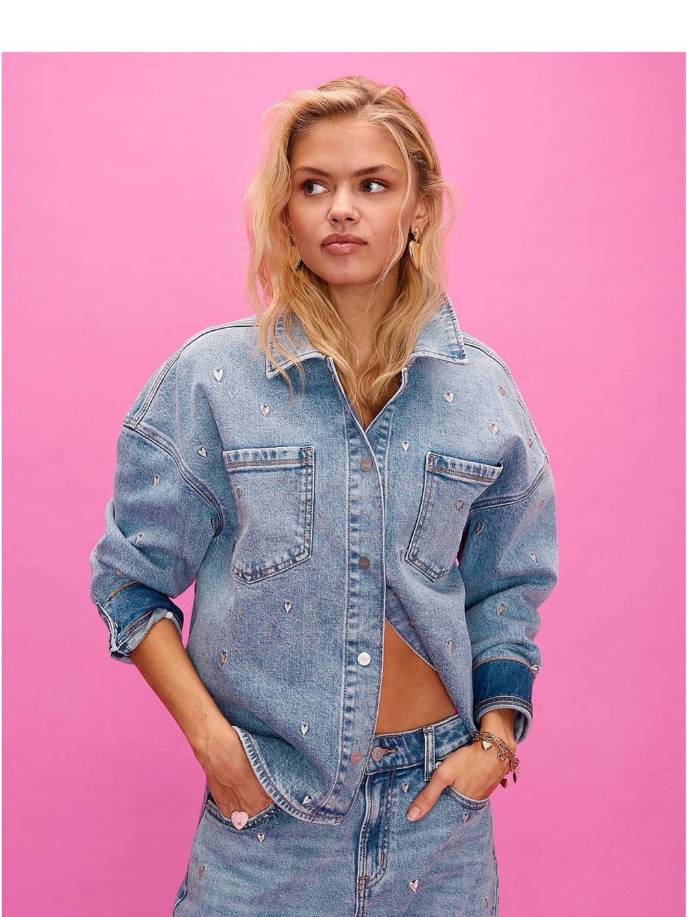 PINK Victoria's Secret Light Blue Heart-Embroidered Denim Jacket